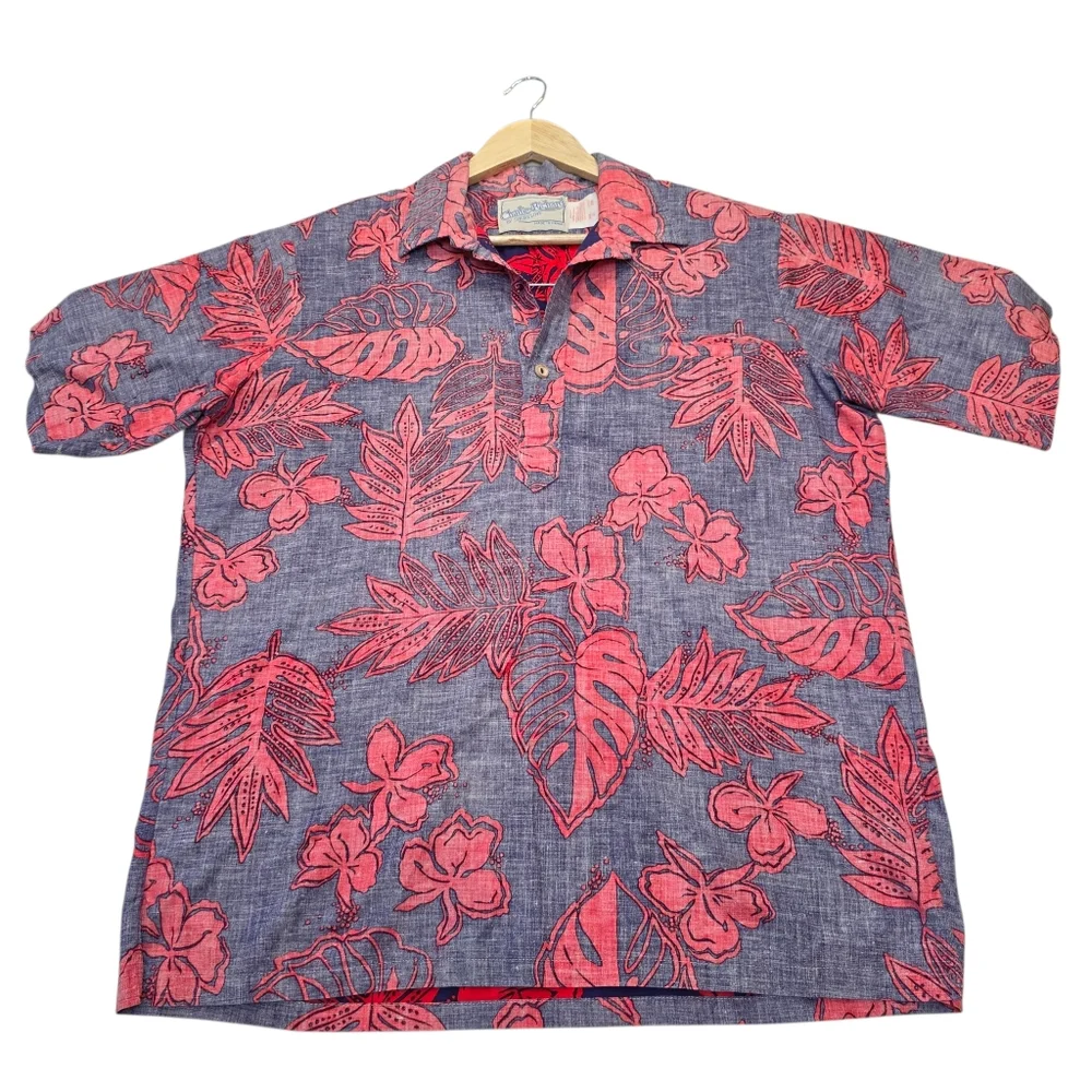VTG Charlie Richard Shoreline Red/Blue 1/4 Button Up Hawaiian Shirt, Men's Sz XL